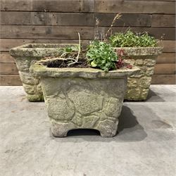 Pair of cast stone pattern tapering square planters, and a similar planter (3)