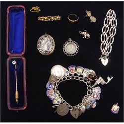 Early 20th century 15ct gold turquoise and pearl brooch, gold diamond, sapphire and ruby ring, stamped 18ct, silver charm bracelet, silver bracelet and a gilt enamel 'In Memory Of' locket 
