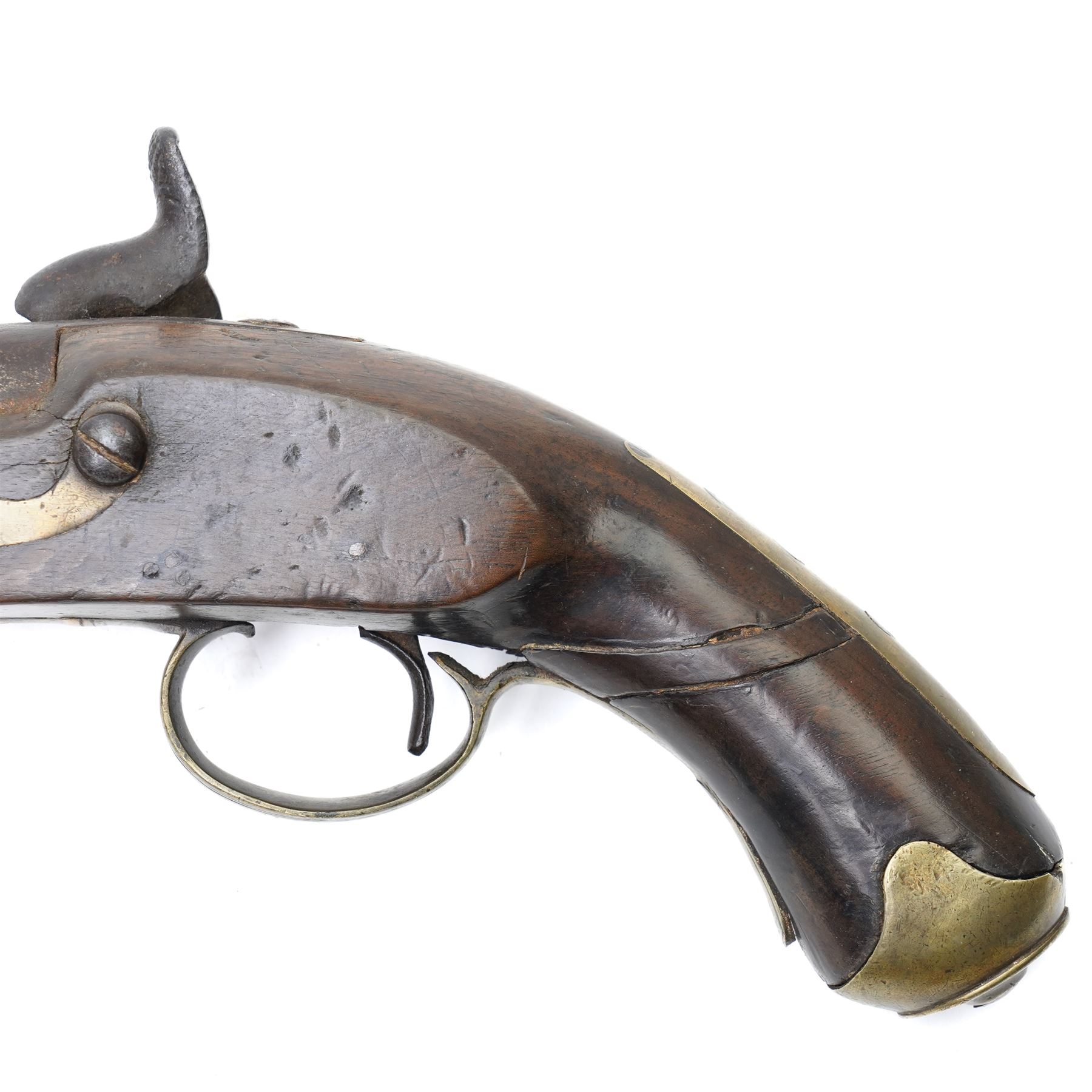 Victorian regulation issue percussion pistol with plain lock and brass mounted stock, overall length 40cm