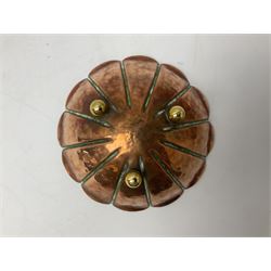 Early to mid 20th century copper Arts and Crafts copper fruit bowl by Cobral, the planished body with scalloped edge raised upon three brass bun feet, with marks beneath, D20.5cm H6.5cm