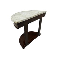 Victorian mahogany and marble demi-lune console table, moulded white and grey veined marble top, on cabriole support carved with paw, demi-lune undertier over compressed bun feet 