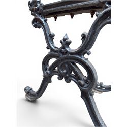 Carron Foundry - two pairs of 19th century cast iron garden bench ends, ornate detail with arms and X shaped legs,finish in black paint, the design no. 110396, first registered 13 July 1857 (see illustration), width as desired