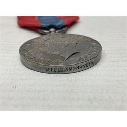 WWI pair of medals comprising British War Medal and Victory Medal awarded to 380807 Pte. W. Hayles Hamps. R.; Imperial Service Medal awarded to William Hayles; cased and boxed; WWII 1939-1945 War Medal and Defence Medal in issue box with slip; 1930s hallmarked silver football presentation fob etc