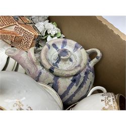 Twin handled cache pot in the style of Herend Hungary, stamped VA Portugal, decorated with birds upon branches, Mason's Ironstone large footed bowl in the Mandarin pattern, Spode Gainsborough bowl, Royal Doulton Bird of Paradise plate c1938 D4602, lustre plates, Aynsley, oriental style lidded vase, Portmeirion, lattice creamware, J & G Meakin Sol, Wedgwood, studio pottery, Spode York Minister boxed plate etc