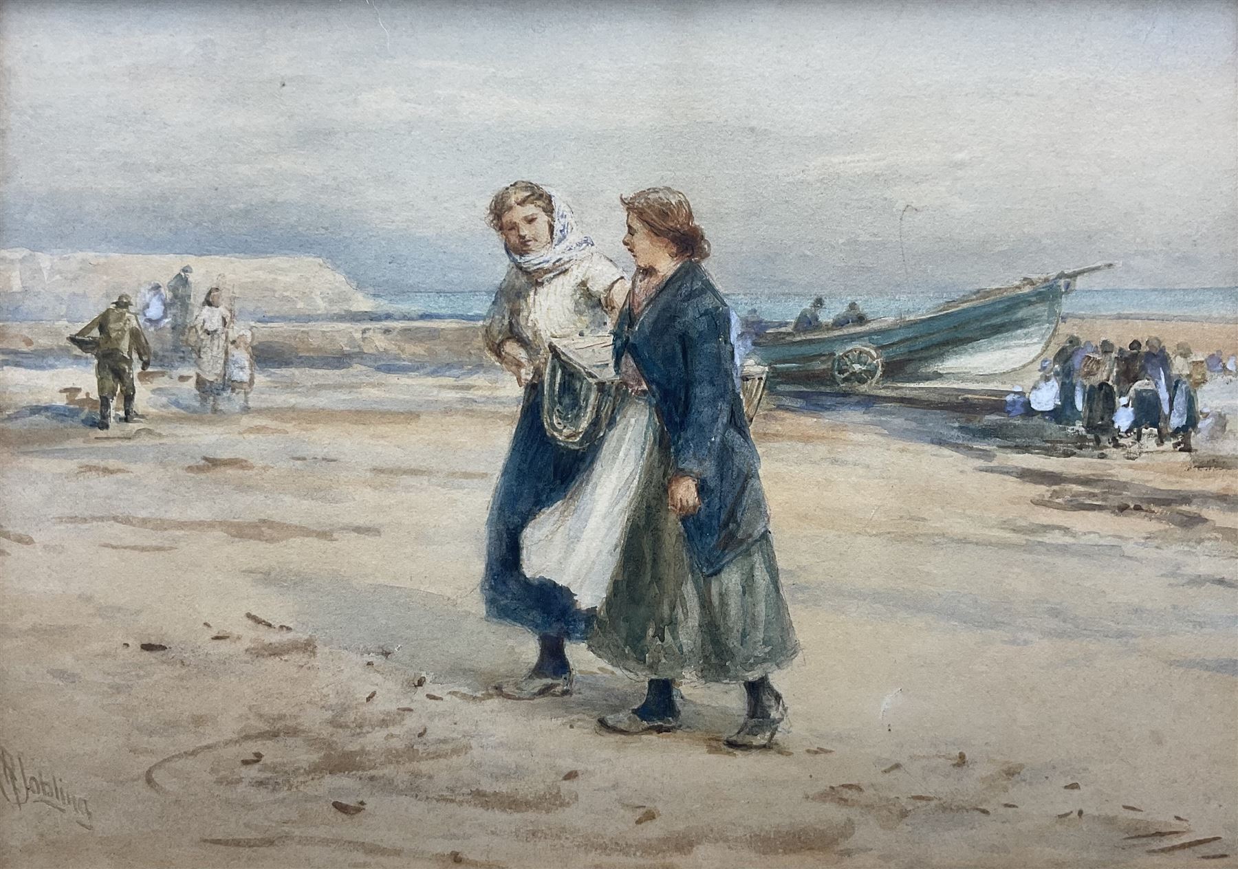 Robert Jobling (Staithes Group 1841-1923): Fisherfolk on the Beach at Cullercoats, watercolour signed 25cm x 36cm