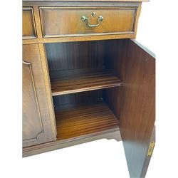 Reproduction mahogany side cabinet, moulded rectangular top over two drawers and double cupboard, bracket feet