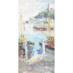 Terry Burke (British Contemporary): Boats in the Harbour, oil impasto on board signed 38cm x 19cm