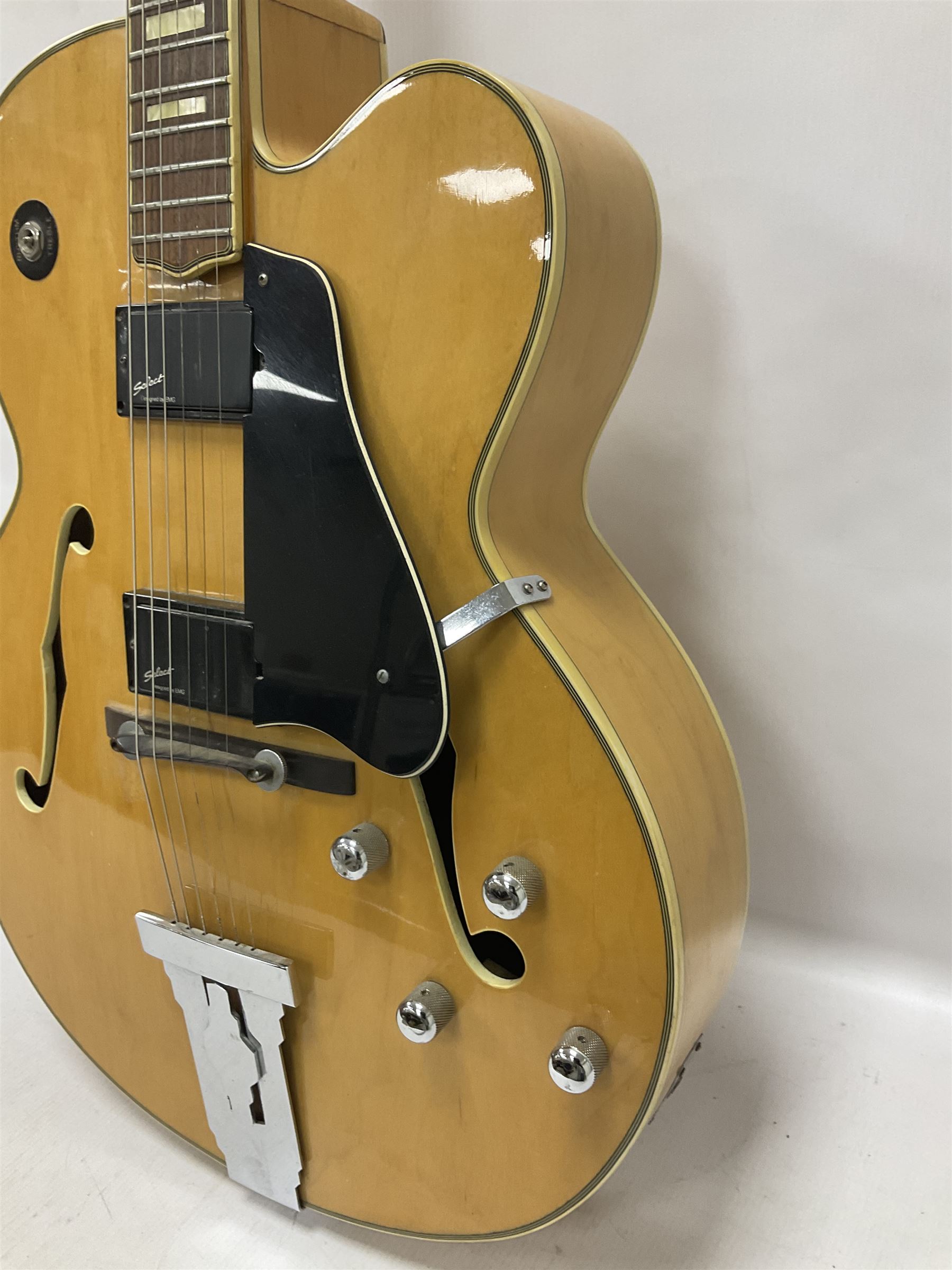 1980s Korean Antoria Jazzstar hollow body electric guitar, in blonde finish with inlaid fretboard, model no E G794, L109cm