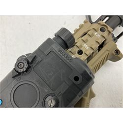 Combat Machine lithium battery powered airsoft BB rifle, 'Complete AEG Series' to fire 5mm pellets, with adjustable length stock L69cm non-extended; with six magazines, Trijicon ACOG red dot telescopic sight, battery charger etc (NO BATTERIES)