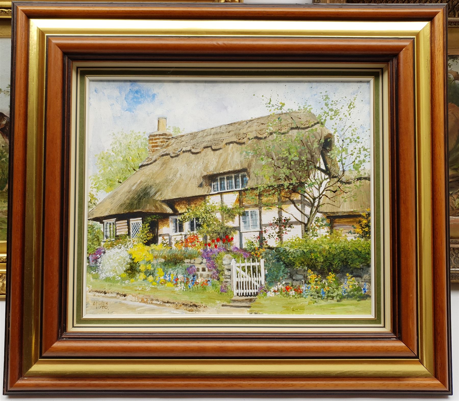 E Picton (British 20th century): Thatched Cottage, oil on canvas signed and dated 1993, 25cm x 29cm