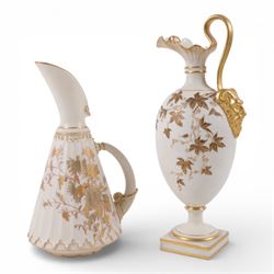 Royal Worcester Blush Ivory ewer, on a gilt square foot with a gilt crimped rim and high a...