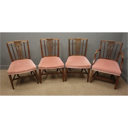  Set four (3+1) early 20th century mahogany dining chairs, foliage carved backs, upholstered seats  