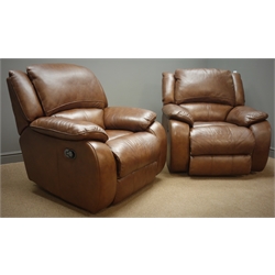  Electric reclining armchair and matching manual reclining armchair upholstered in brown leather, W93cm, H90cm, D90cm (This item is PAT tested - 5 day warranty from date of sale)   