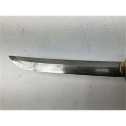 Japanese tanto with 21cm damascus blade and copper/gold coloured lacquer type grip and matching saya with chrysanthemum cast tsuba L41cm overall