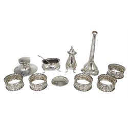 Group of assorted silver, to include 20th century silver mounted capstan inkwell, hallmarked W J Myatt & Co, Birmingham, probably 1945, pepper and open salt, hallmarked Henry Williamson Ltd, Birmingham 1911 and 1913, five Edwardian napkin rings with embossed scrolling decoration, hallmarked Fattorini & Sons Ltd, Birmingham 1904, etc., approximate total weighable silver 4.72 ozt (147 grams)