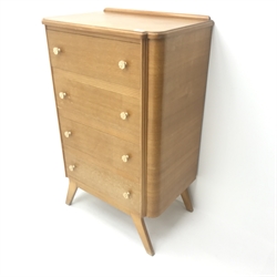 Vintage light oak chest, four drawers, outs played tapering supports (W72cm, H119cm, D49cm and matching bedside cabinet, single cupboard (W36cm, H69cm, D36cm)