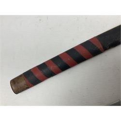 Good quality Japanese sword blade with later WWII fittings and scabbard  - 67.5cm slightly curving blade with unmarked tang, plain iron tsuba and lacquered grip with copper mounts; in lacquered wooden scabbard with tape bound tip L94cm overall