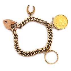  Gold curb chain bracelet, stamped 9c, with a rose gold locket, a horseshoe charm, both hallmarked 9ct, an 18ct gold (tested) ring and 1911 full gold sovereign, loose mounted in gold case, hallmarked 9ct, approx 27.3gm  