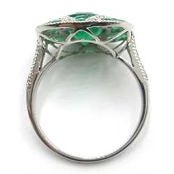  18ct white gold (tested) Art Deco style emerald and diamond ring  