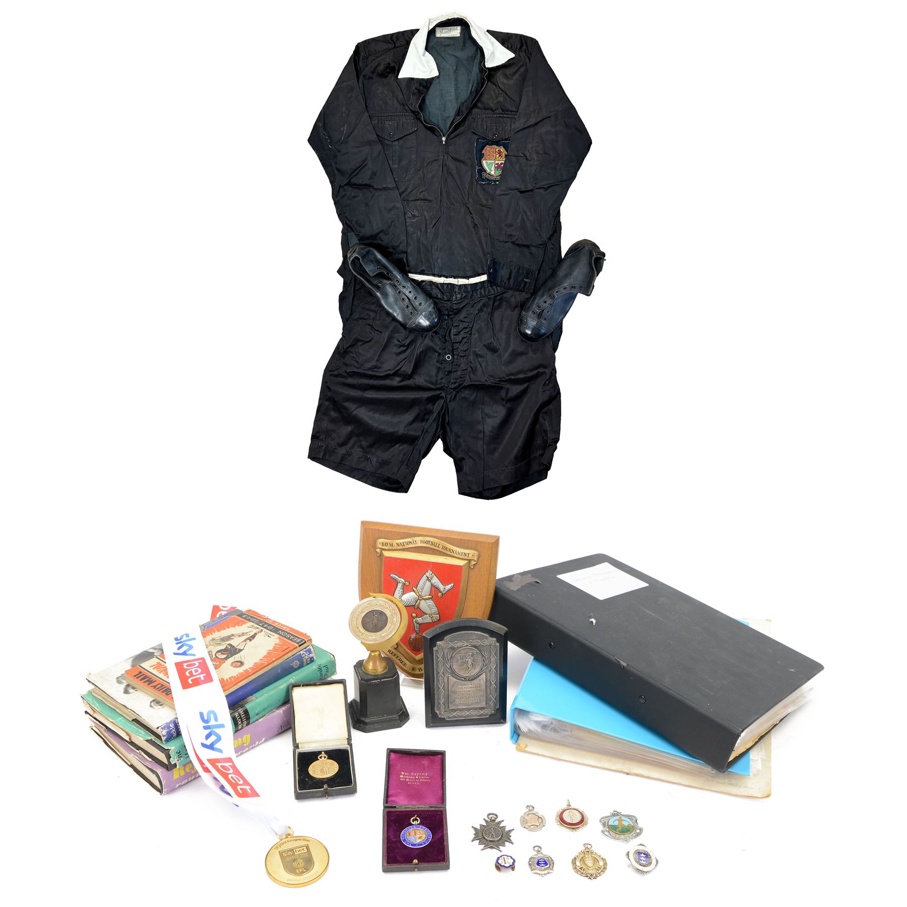 Collection of football memorabilia belonging and relating to the Hull based referee Frank Coultas, including 9ct gold Referee's medal for the 1957 Aston Villa v Manchester United FA Cup Final, inscribed 'The Football Association, F.B Coultas, F.A. Challenge Cup Competition, Final Tie 1957', hallmarked and in original case; the kit worn by him to referee the 1957 FA Cup Final and ephemera relating to the match including photographs, programmes and tickets; together with other football memorabilia collected by Frank Coultas, including programmes, photograph and ticket stubs, with some items relating to the 'Busby Babes'