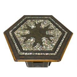 Early 20th century Anglo-Indian hexagonal table, the top decorated with mother of pearl beads and chequered banding, the base with fretwork pointed arches and inlays