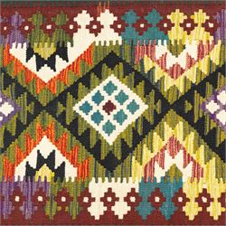 Chobi flatweave kilim runner, repeating diamond medallion design in a vibrant palette of green, red, and teal, ivory and black, within a narrow floral border