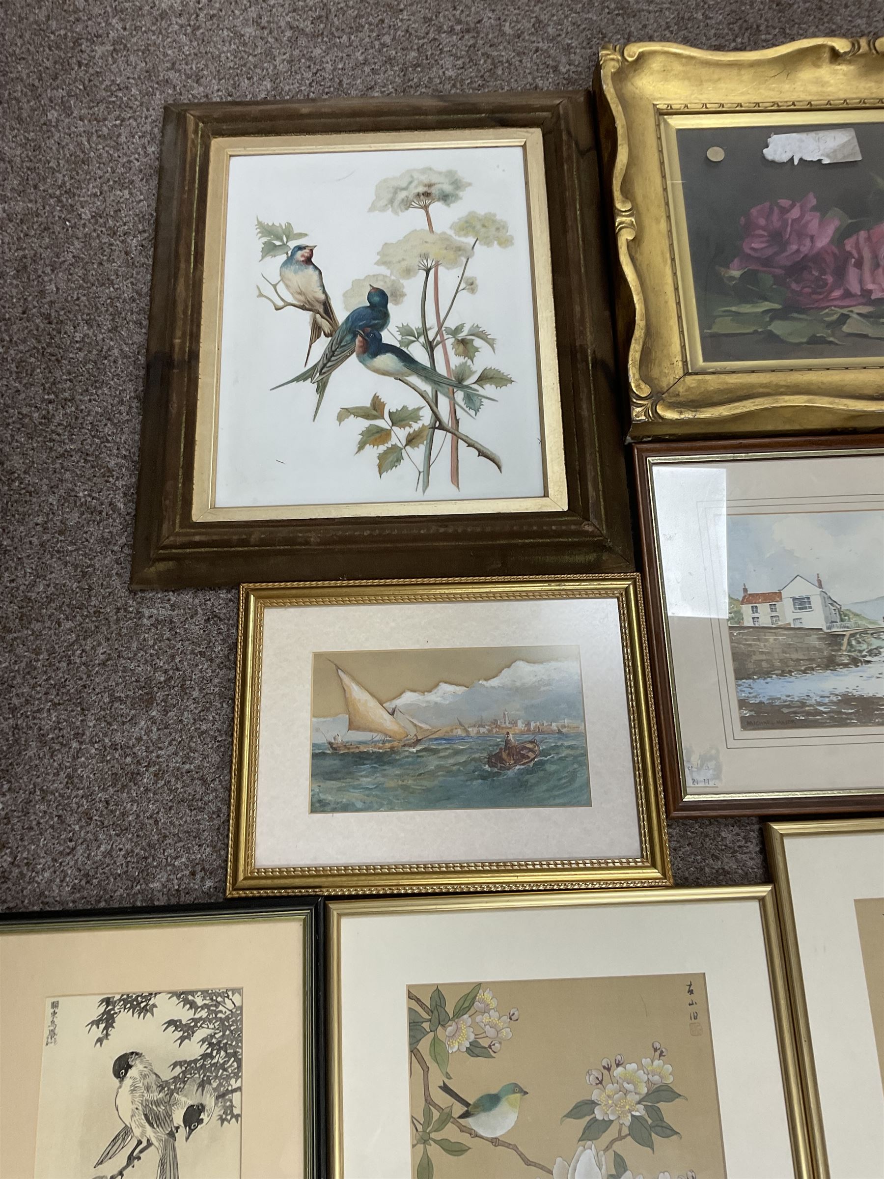 Collection of watercolours and other pictures, artists including FW Ridley (pair), AD Bell (pair unframed), James Orrock, Mel Fowler, Gianni, Michael Major (of Scalby Mills near Scarborough), still life oil in gilt frame, Whistler print, Japanese paintings on silk, etc