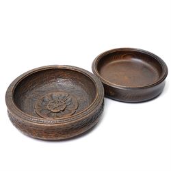 Carved bowl with central Yorkshire Rose motif, with white metal plaque, D25cm; and a simil...