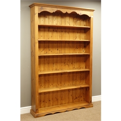  Solid pine open bookcase, five fixed shelves, W126cm, H198cm, D28cm  