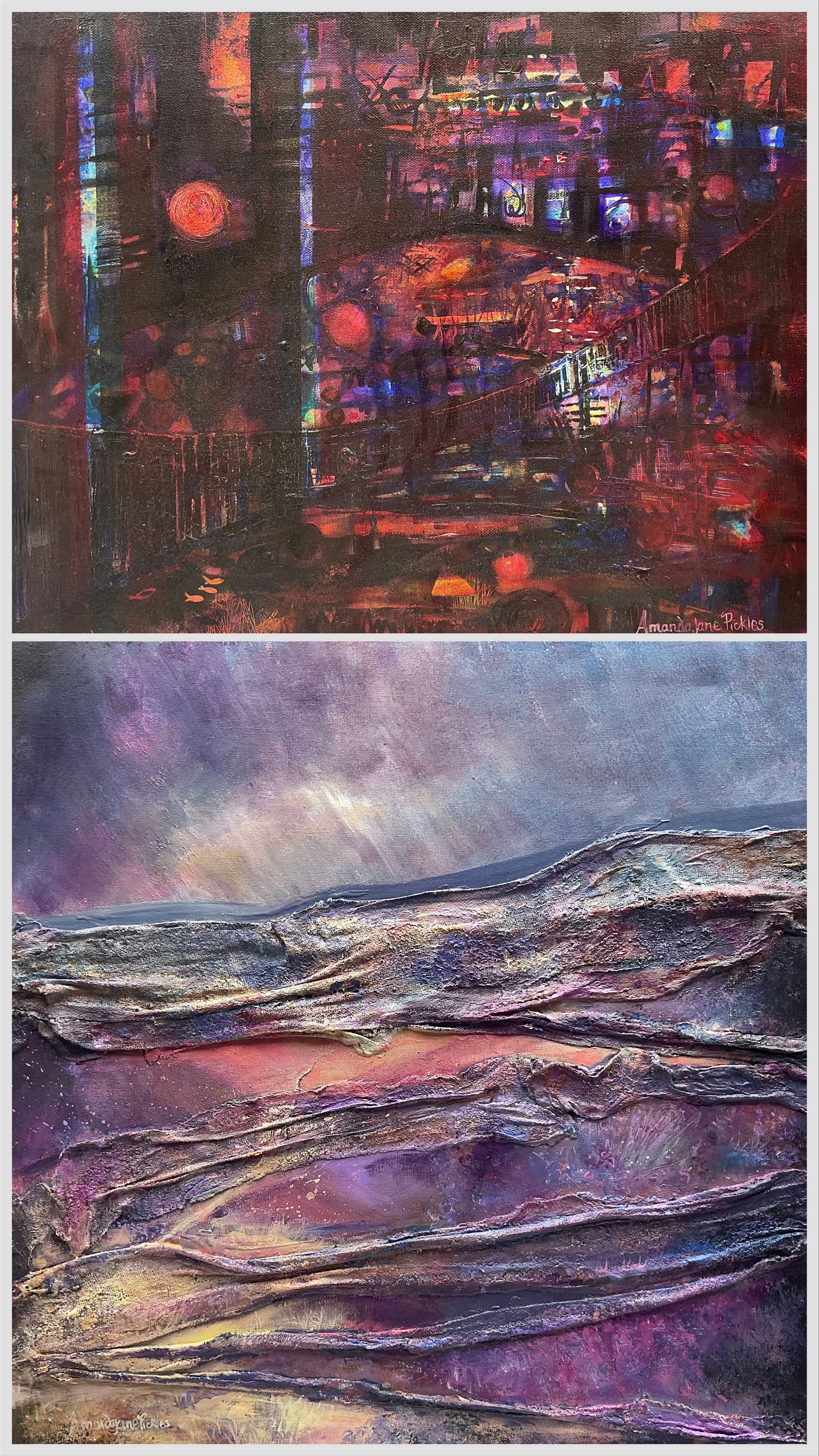 Amanda Jane Pickles (Yorkshire Contemporary): 'New York Nightlife' and 'Moorland Storm', two mixed media works signed, titled on labels verso max 61cm x 61cm (2) (unframed)