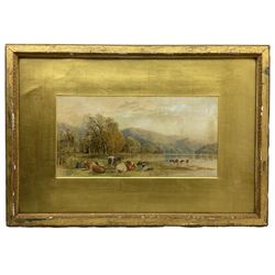 Cornelius Pearson (British 1805-1891) and Thomas Francis Wainwright (British 1794-1883): Cattle Watering, watercolour signed by both artists 21cm x 41cm