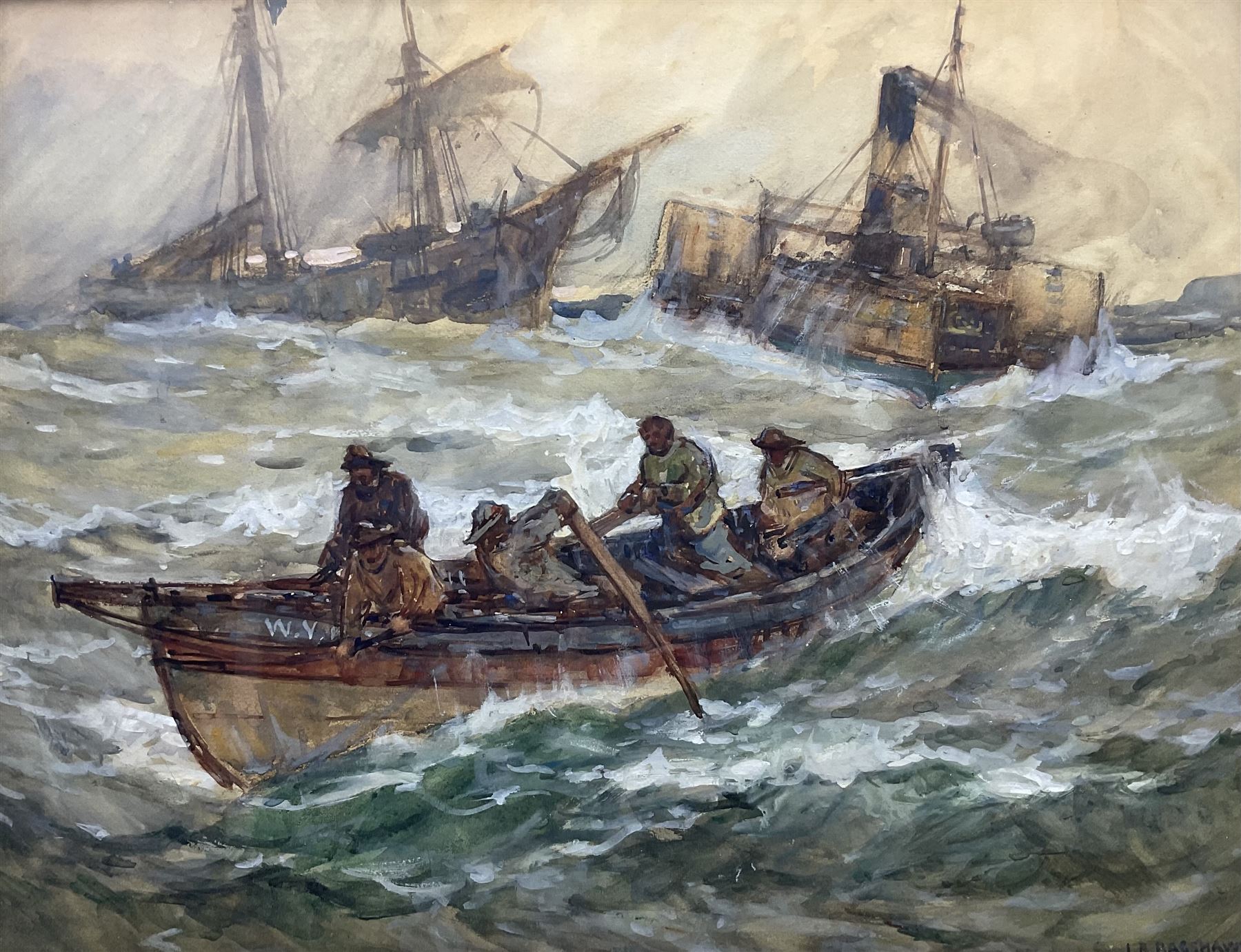 Joseph Richard Bagshawe (Staithes Group 1870-1909): Steam Tug bringing in Distressed Sailing Vessel Whitby Coble in the Foreground, watercolour heightened in white signed 52cm x 69cm