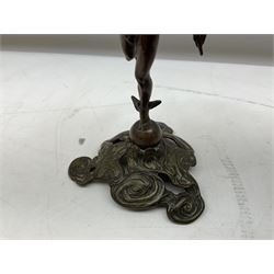 Pair of Victorian brass candlesticks, in the form of Mercury and Fortune, stood up a sphere upon a ornate base, both signed beneath, H23.5cm  
