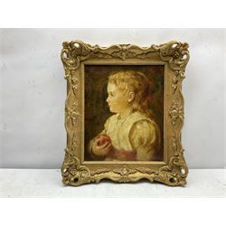 T W A (19th century): 'Evelyn' holding an Apple, oil on canvas signed with monogram and dated 1888, 29cm x 24cm