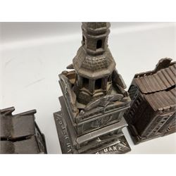 Five early 20th century cast-iron money banks as buildings - 'City Bank' c1904 H10cm; 'County Bank' c1905 H11cm; 'Town Hall Bank' c1900 H8.5cm; 'Tower Bank' c1902 H23.5cm; all made by John Harper; and 'Blackpool Tower Bank' c1907 by Chamberlain & Hill H18.5cm (5)