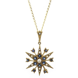  9ct gold sapphire and seed pearl star shaped pendant necklace hallmarked 9ct  
