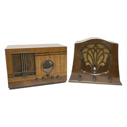 Two 1930s Marconi radios comprising Type 345 receiver in crossbanded veneered wooden case with circular needle tuning and Bakelite knobs, H36cm W53cm D32cm together with Type 42 receiver