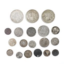 Collection of George III and later silver coinage including George III 1816 and 1818 silver shilling, Frederick II the Great 1765 six-Groschen, Catherine II 1768 Grivennik coin and others (19)