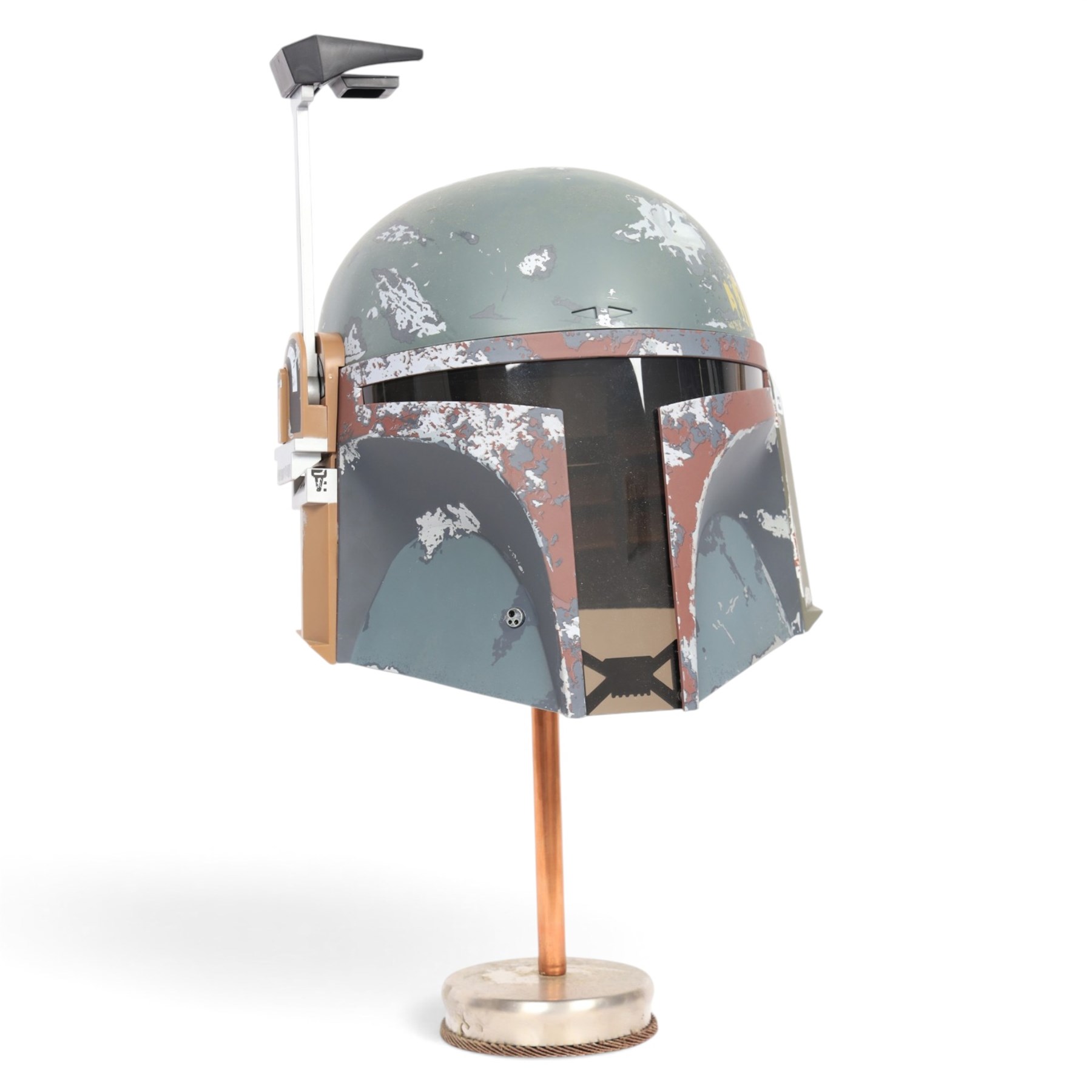 Hasbro Star Wars Black Series Boba Fett 40th Anniversary 1:1 scale helmet, on a metal display stand, helmet H28cm