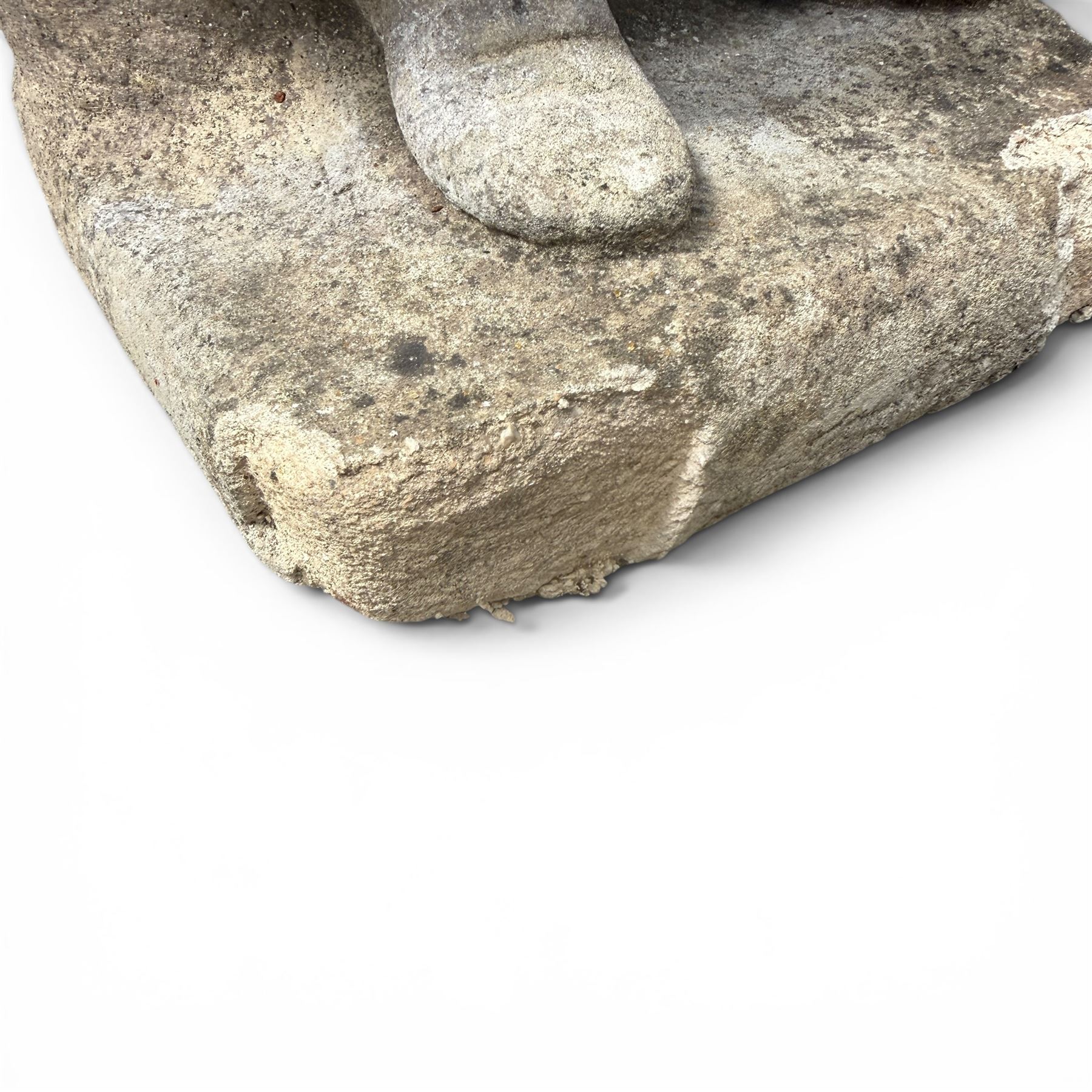 Lucas Stone - pair of cast stone garden figures, modelled as young female figures holding wheat sheafs and baskets of flowers, each on square bases, weathered finish, makers mark stamped to base