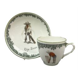 Early 20th century Royal Doulton teacup and saucer, from the series 'The All Black Team', the teacup depicting a cricketer entitled 'Good for fifty', the saucer depicting a cricketer stood in a long coat and wide brimmed hat, entitled 'The Boss', both with printed mark beneath, cup H6.5cm