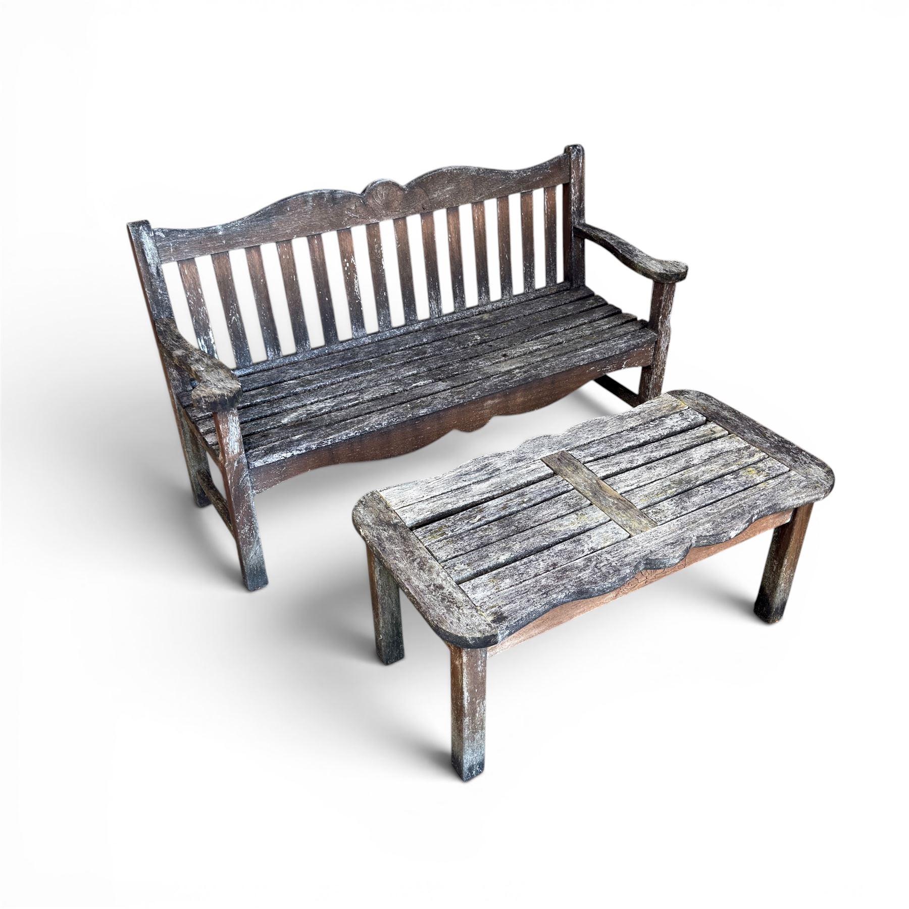 Teak garden bench, wavy shaped rail and slatted seat, with matching coffee table (2)