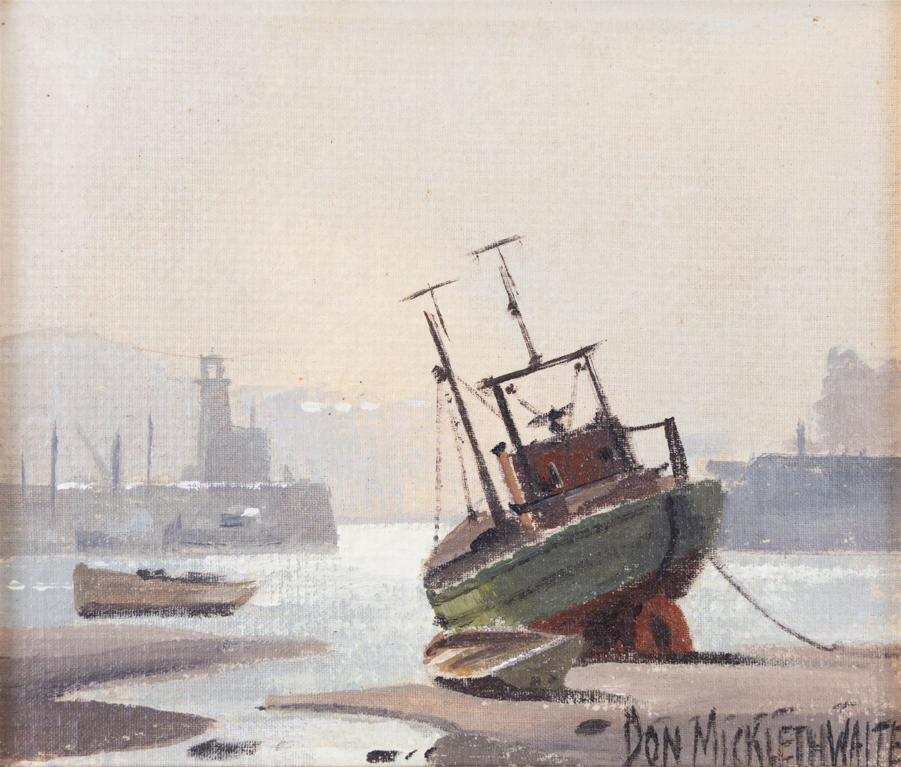 Don Micklethwaite (British 1936-): Scarborough Boats at Low Tide, oil on canvas board signed 13cm x 14.5cm 