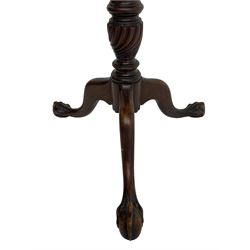 George III design mahogany tripod table, shaped piecrust tilt-top, on turned and twist carved pedestal, on three splayed supports with ball and claw carved feet