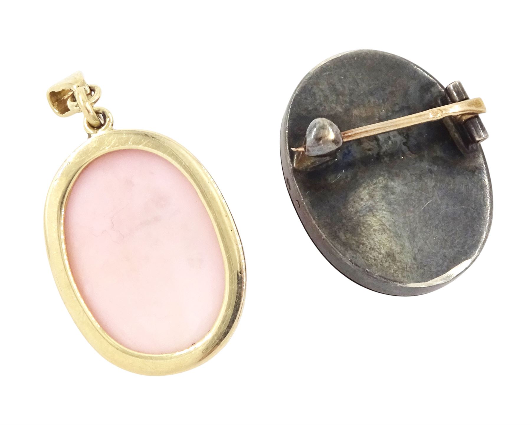 19th/ early 20th century French portrait brooch, set with an oval miniature of a woman on ivory and a 9ct gold cameo pendant. This lot has been registered for sale under Section 10 of the APHA Ivory Act