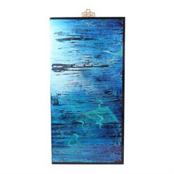 Set of four Vietnamese lacquered panels, depicting four females bathing in a  river across the four panels, one indistinctly signed H85cm