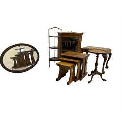 Oak nest of tables, cake stand, wine table, oval mirror, corner cabinet, dressing stool (6)