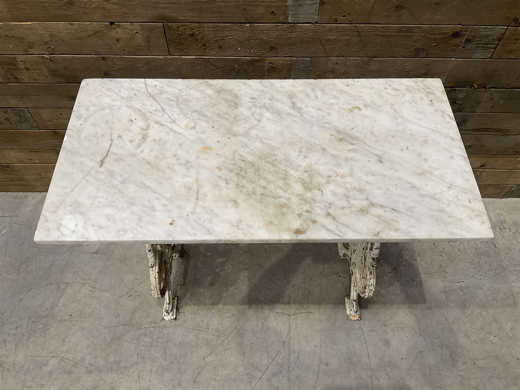 19th century Coalbrookdale design cast iron garden table, with rectangular marble top