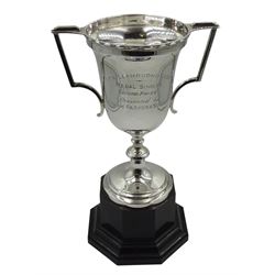 Silver presentation twin handled trophy cup by Joseph Gloster Ltd, Birmingham 1937, approx 6.5oz, on bakelite stand