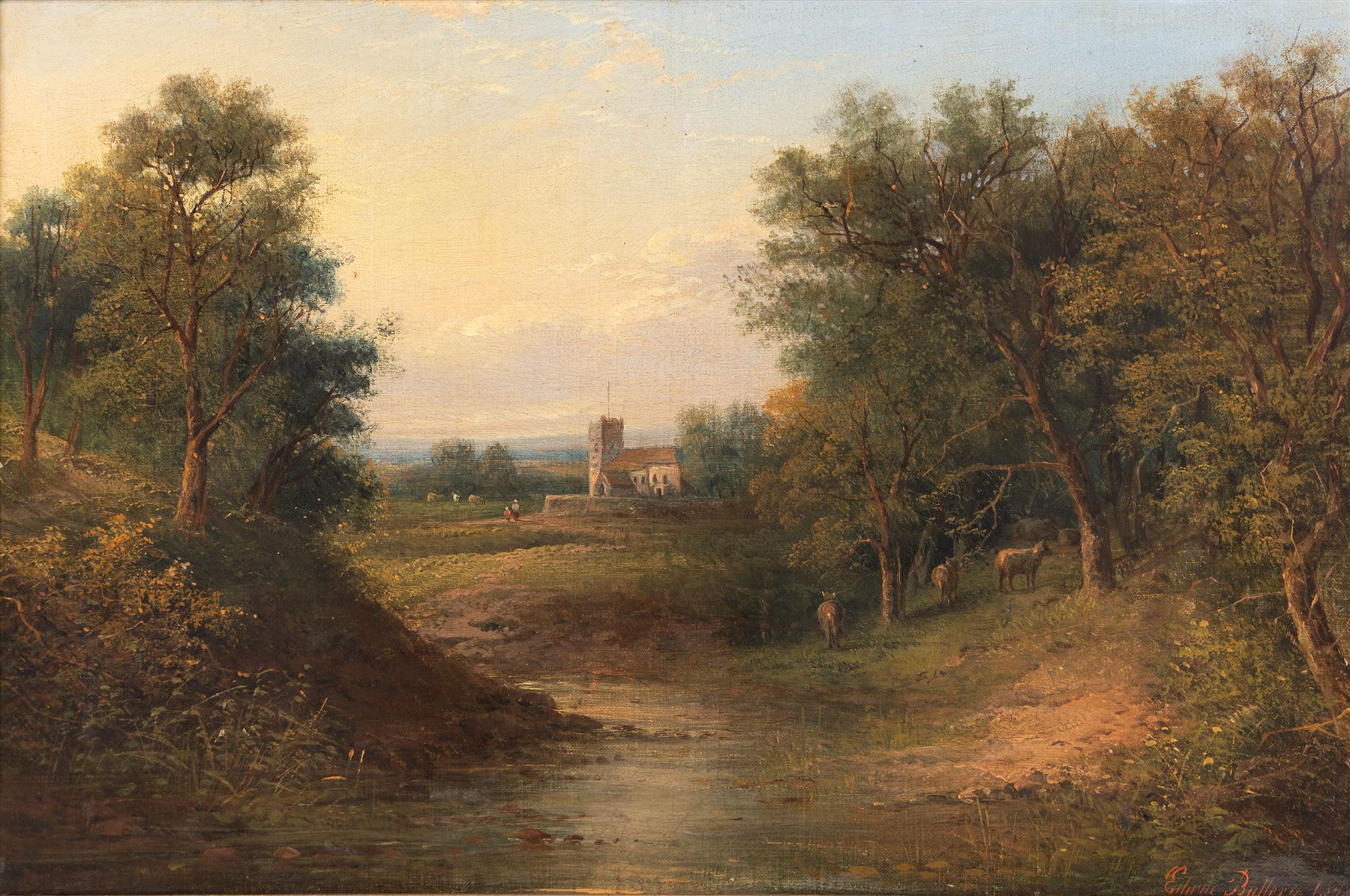 Edwin Buttery (British 1839-1908): Distant Church Landscape, oil on canvas signed and dated 1878, 34cm x 52cm